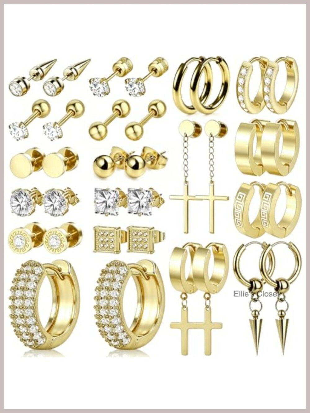 18 Pair Earring Set 316L Stainless Steel Gold-Plated Studs Hoops Dangle